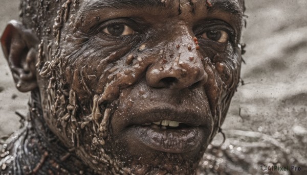 solo,looking at viewer,open mouth,1boy,male focus,teeth,dark skin,water,blurry,black eyes,portrait,close-up,realistic,bald,brown eyes,jewelry,earrings,parted lips,pointy ears,facial hair,clenched teeth,water drop,manly