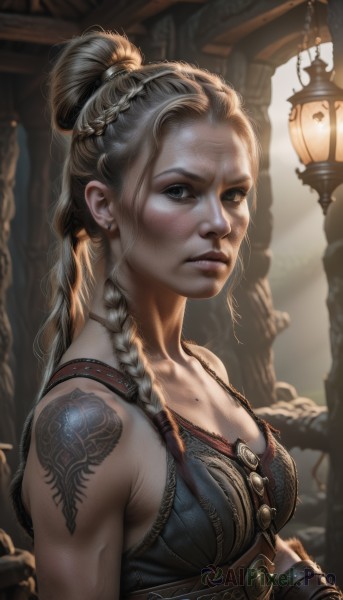 1girl,solo,long hair,breasts,looking at viewer,blue eyes,blonde hair,gloves,cleavage,bare shoulders,jewelry,medium breasts,closed mouth,upper body,ponytail,braid,earrings,artist name,signature,hair bun,blurry,lips,grey eyes,eyelashes,single braid,tattoo,blurry background,high ponytail,freckles,lantern,realistic,nose,arm tattoo,hair pulled back,armor,mole,scar,shoulder tattoo