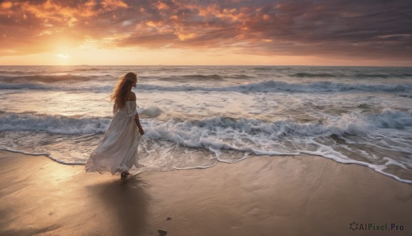 1girl, solo, long hair, brown hair, dress, standing, outdoors, sky, cloud, water, from behind, white dress, ocean, beach, cloudy sky, scenery, sunset, sand, horizon, waves, evening, footprints