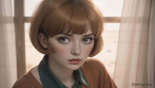 1girl,solo,looking at viewer,short hair,bangs,brown hair,shirt,brown eyes,closed mouth,upper body,collared shirt,indoors,mole,blurry,lips,eyelashes,window,blurry background,curtains,portrait,freckles,realistic,nose,makeup,bob cut,backlighting,red lips