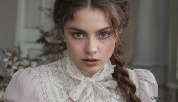 1girl,solo,long hair,looking at viewer,brown hair,shirt,dress,ribbon,brown eyes,jewelry,upper body,braid,earrings,parted lips,indoors,white dress,blurry,lips,blurry background,portrait,hair over shoulder,freckles,realistic,bangs,eyelashes,depth of field,lace trim,lace,red lips,straight-on