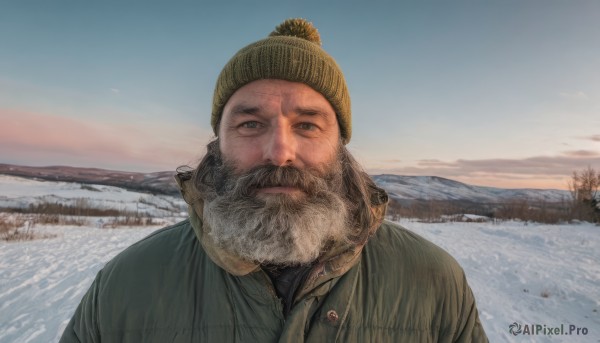 solo,looking at viewer,1boy,hat,closed mouth,jacket,upper body,male focus,outdoors,sky,day,tree,coat,facial hair,portrait,beard,snow,green jacket,mountain,realistic,mustache,beanie,winter clothes,manly,old,old man,wrinkled skin,water,blue sky,grey eyes,ocean,scenery,winter,bare tree