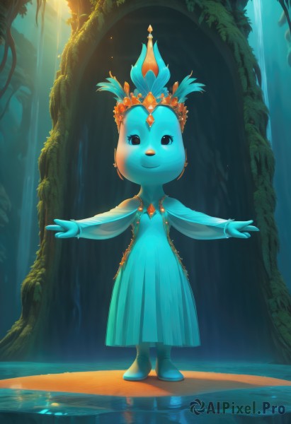 1girl,solo,looking at viewer,smile,dress,standing,full body,boots,water,no humans,blue dress,colored skin,sunlight,outstretched arms,crown,plant,furry,reflection,light rays,blue skin,spread arms,hair ornament,jewelry,tree,feathers,gem,furry female,feather hair ornament,aqua dress