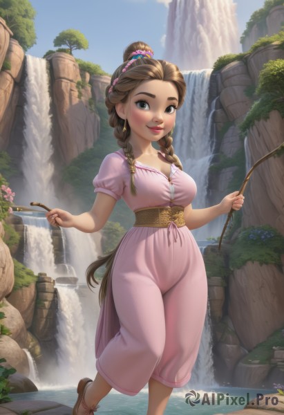 1girl,solo,long hair,breasts,looking at viewer,blush,smile,large breasts,brown hair,hair ornament,dress,holding,cleavage,brown eyes,jewelry,medium breasts,standing,collarbone,full body,braid,flower,short sleeves,earrings,outdoors,parted lips,sky,day,puffy sleeves,artist name,cloud,water,hair bun,twin braids,tree,blue sky,puffy short sleeves,lips,see-through,grey eyes,sash,makeup,watermark,sandals,single hair bun,standing on one leg,plant,pink dress,nature,rock,mountain,red lips,smoking pipe,river,waterfall,stick,very long hair,signature,brown footwear,long dress,stream