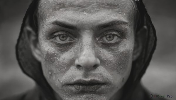 solo,looking at viewer,1boy,closed mouth,monochrome,greyscale,male focus,parted lips,blurry,lips,wet,depth of field,blurry background,portrait,close-up,realistic,nose,straight-on,facial hair,serious,very short hair,animification