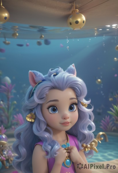 1girl,solo,long hair,smile,blue eyes,hair ornament,dress,animal ears,bare shoulders,jewelry,blue hair,upper body,grey hair,hairband,parted lips,teeth,artist name,water,necklace,blurry,lips,wavy hair,looking up,gem,child,freckles,fish,bubble,underwater,female child,air bubble,coral,sleeveless,cat ears,curly hair,submerged