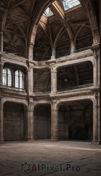 sky,day,indoors,no humans,window,sunlight,plant,scenery,stairs,door,architecture,pillar,hallway,church,arch,column,outdoors,building,fantasy,tile floor,ceiling,stained glass,pavement,stone floor,vanishing point