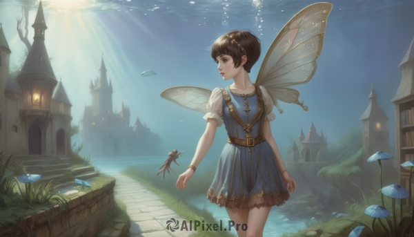 1girl,solo,short hair,bangs,brown hair,dress,brown eyes,jewelry,standing,short sleeves,outdoors,wings,day,puffy sleeves,belt,water,bracelet,tree,puffy short sleeves,lips,profile,blue dress,animal,looking away,short dress,sunlight,grass,bug,plant,building,scenery,walking,bubble,light rays,underwater,nose,fantasy,antennae,clock,fairy wings,fairy,air bubble,sunbeam,mushroom,house,castle,tower,butterfly wings,lily pad,insect wings,blush,black hair,collarbone,cowboy shot,parted lips,looking to the side,makeup,lipstick,fish,red lips