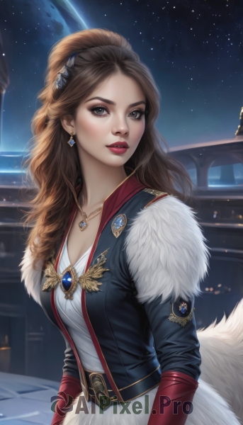 1girl,solo,long hair,breasts,looking at viewer,brown hair,hair ornament,dress,cleavage,brown eyes,jewelry,medium breasts,jacket,upper body,earrings,parted lips,sky,belt,necklace,lips,fur trim,makeup,night,lipstick,gem,star (sky),night sky,pendant,starry sky,realistic,red lips,space,planet,shirt,wavy hair,nose