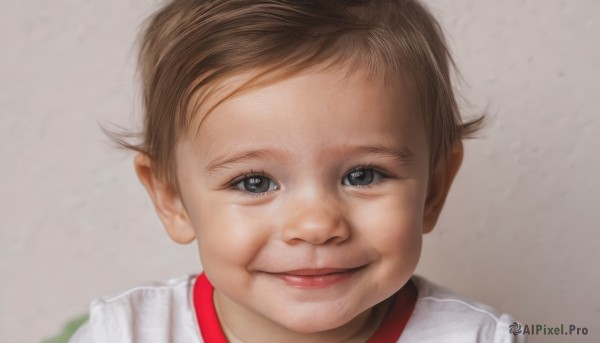 1girl,solo,looking at viewer,smile,short hair,simple background,brown hair,shirt,1boy,white shirt,male focus,grey background,black eyes,lips,child,portrait,gym uniform,realistic,male child,blue eyes,closed mouth,grey eyes,close-up