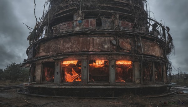 outdoors,sky,cloud,tree,no humans,cloudy sky,fire,ground vehicle,building,scenery,smoke,ruins,post-apocalypse,broken window