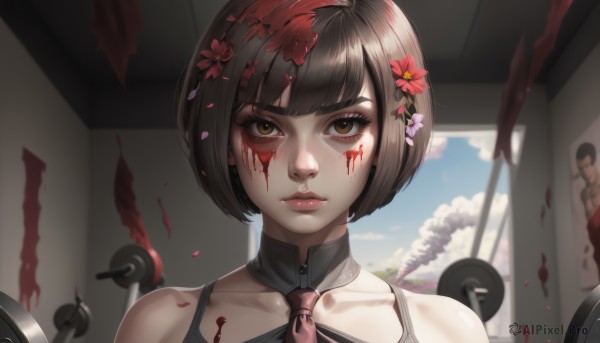 1girl,solo,looking at viewer,short hair,bangs,brown hair,black hair,hair ornament,bare shoulders,brown eyes,closed mouth,collarbone,flower,parted lips,necktie,solo focus,day,indoors,hair flower,blunt bangs,lips,blood,makeup,bob cut,red necktie,portrait,blood on face,nose,blood splatter,mascara,eyelashes,realistic,pink necktie