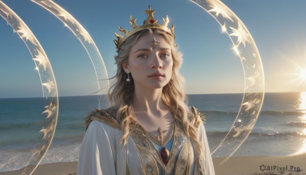 1girl,solo,long hair,looking at viewer,blue eyes,blonde hair,dress,jewelry,upper body,earrings,outdoors,sky,day,water,white dress,blue sky,lips,ocean,beach,moon,sunlight,tiara,crown,gem,realistic,nose,sand,sun,horizon,shore,sunrise,portrait,scenery,backlighting