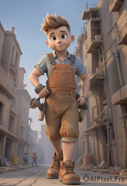 looking at viewer,smile,short hair,brown hair,shirt,1boy,brown eyes,closed mouth,standing,full body,short sleeves,male focus,boots,outdoors,multiple boys,sky,shoes,solo focus,day,collared shirt,2boys,blue sky,brown footwear,blue shirt,building,child,hands on hips,city,overalls,male child,giant,hammer,industrial pipe,alley,solo,blonde hair,shorts,spiked hair,walking,wrench