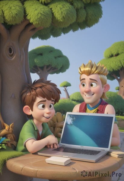 smile,short hair,open mouth,blonde hair,brown hair,shirt,brown eyes,sitting,jacket,short sleeves,male focus,outdoors,multiple boys,sky,teeth,day,artist name,2boys,looking at another,vest,tree,table,grass,plant,red shirt,child,green shirt,computer,male child,laptop,signature,blue sky,freckles,stylus,drawing tablet