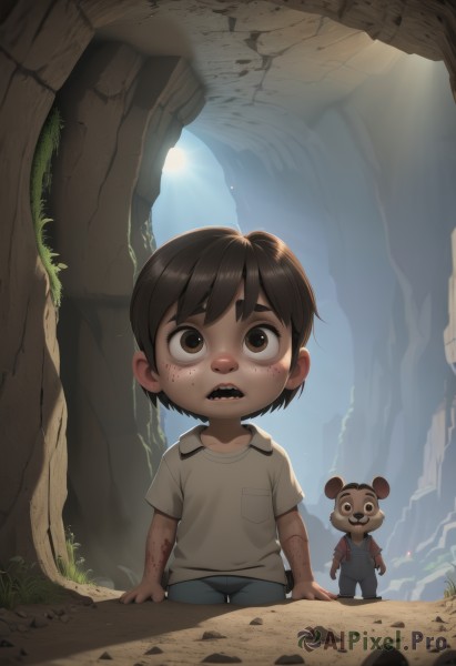 short hair,open mouth,brown hair,shirt,1boy,brown eyes,short sleeves,male focus,outdoors,multiple boys,shorts,teeth,day,pants,sunlight,sharp teeth,child,freckles,rock,sun,overalls,male child,dirty,cave,solo,2boys,blood,thick eyebrows,buck teeth