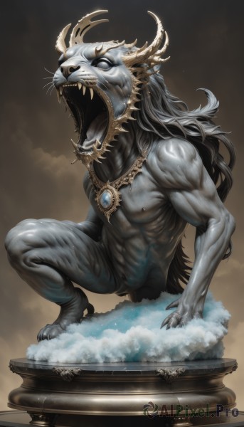 solo,long hair,open mouth,1boy,jewelry,full body,male focus,horns,teeth,tongue,artist name,necklace,no humans,muscular,colored skin,fangs,squatting,sharp teeth,claws,furry,monster,antlers,grey skin,nipples,nude,abs,gem,pendant,brown background,furry male,white eyes,no pupils,blank eyes