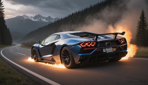 outdoors,sky,cloud,tree,no humans,cloudy sky,grass,fire,ground vehicle,nature,scenery,motor vehicle,forest,smoke,mountain,car,road,vehicle focus,wheel,sports car,solo,logo