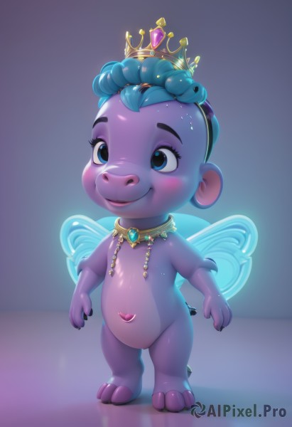 1girl,solo,blush,smile,open mouth,blue eyes,1boy,navel,jewelry,blue hair,standing,tail,full body,male focus,wings,necklace,black eyes,makeup,colored skin,tiara,crown,gem,child,furry,furry female,purple skin,short hair,flat chest,aqua hair,fairy wings,fairy,pink skin