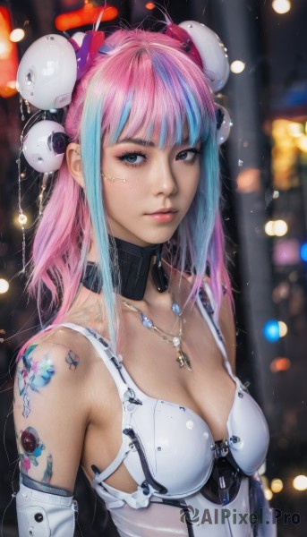 1girl,solo,long hair,breasts,looking at viewer,bangs,hair ornament,cleavage,bare shoulders,jewelry,medium breasts,closed mouth,blue hair,collarbone,upper body,pink hair,multicolored hair,small breasts,necklace,blurry,black eyes,two-tone hair,lips,streaked hair,grey eyes,double bun,tattoo,makeup,blurry background,headgear,science fiction,realistic,nose,android,cyborg,cyberpunk,mechanical parts,blue eyes,detached sleeves,choker,artist name,hair bun,collar,leotard,eyelashes,gradient hair,detached collar,depth of field,white leotard,bun cover,cable,bokeh