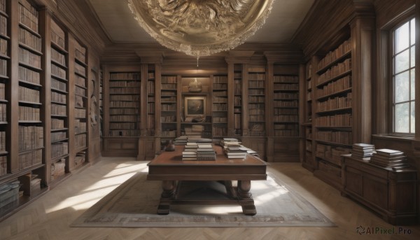 day,indoors,book,no humans,window,shadow,chair,table,sunlight,curtains,scenery,desk,wooden floor,bookshelf,book stack,library,carpet,chandelier,globe,lamp,candle,still life,candlestand