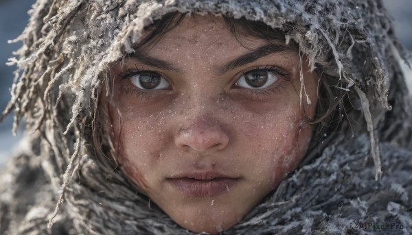 1girl,solo,looking at viewer,short hair,brown hair,brown eyes,closed mouth,outdoors,scarf,blurry,lips,blurry background,portrait,snow,close-up,freckles,snowing,realistic,nose,winter,straight-on,bangs,hood,water,eyelashes,hood up,dirty