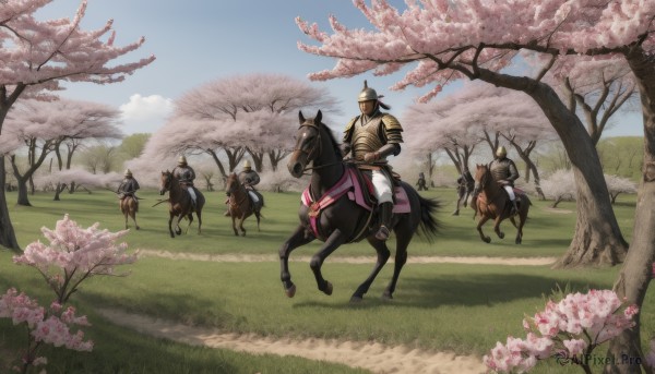 holding,weapon,male focus,outdoors,multiple boys,sky,day,sword,cape,holding weapon,armor,tree,blue sky,helmet,grass,cherry blossoms,scenery,6+boys,riding,multiple others,horse,horseback riding,flower,horns,pants,cloud,animal,holding sword,katana,sheath,nature,pink flower,bow (weapon),breastplate,japanese armor,field,greaves,ambiguous gender,hill,samurai,reins,saddle,kabuto (helmet)