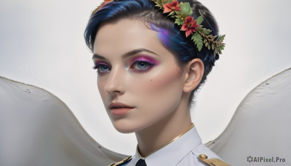 1girl,solo,looking at viewer,short hair,blue eyes,simple background,black hair,hair ornament,white background,flower,multicolored hair,parted lips,wings,hair flower,mole,lips,eyelashes,mole under eye,makeup,portrait,feathered wings,eyeshadow,freckles,angel wings,realistic,nose,white wings,eyeliner,head wreath,blue hair,artist name,close-up,angel,mascara