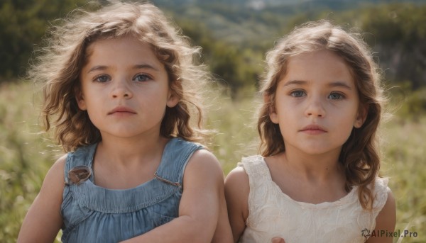 long hair,looking at viewer,blue eyes,multiple girls,brown hair,dress,2girls,closed mouth,upper body,outdoors,parted lips,sleeveless,medium hair,mole,blurry,lips,blurry background,siblings,expressionless,sisters,child,freckles,curly hair,twins,realistic,female child,overalls,hat,bare shoulders,brown eyes,day,white dress,flat chest,grey eyes,sunlight,mole on body