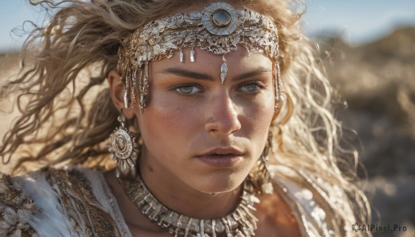 1girl,solo,long hair,looking at viewer,blue eyes,blonde hair,brown hair,jewelry,closed mouth,earrings,outdoors,day,dark skin,necklace,mole,blurry,lips,grey eyes,floating hair,depth of field,blurry background,wavy hair,portrait,freckles,curly hair,circlet,realistic,nose,mole on cheek,sky,wind,mole under mouth,close-up