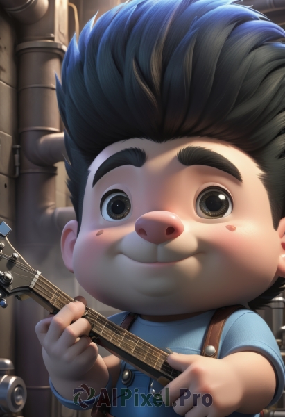 solo,looking at viewer,blush,smile,short hair,shirt,black hair,1boy,holding,brown eyes,closed mouth,upper body,short sleeves,male focus,black eyes,blush stickers,thick eyebrows,suspenders,blue shirt,spiked hair,instrument,child,guitar,overalls,male child,playing instrument,holding instrument,industrial pipe,alley,realistic,music