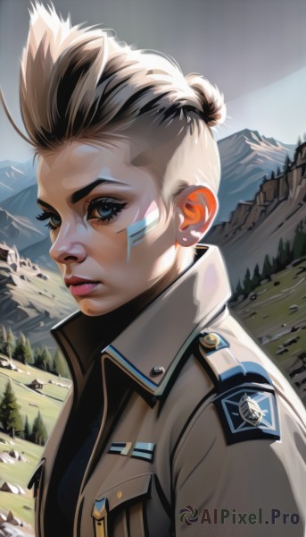 1girl,solo,looking at viewer,short hair,blue eyes,blonde hair,brown hair,jewelry,jacket,upper body,earrings,outdoors,parted lips,teeth,hair bun,uniform,lips,military,eyelashes,military uniform,makeup,facial mark,single hair bun,lipstick,brown jacket,mountain,nose,emblem,stud earrings,facepaint,undercut,military jacket,thick eyebrows,eyeshadow,realistic,eyeliner,very short hair,facial tattoo,hair pulled back,leather jacket,mascara