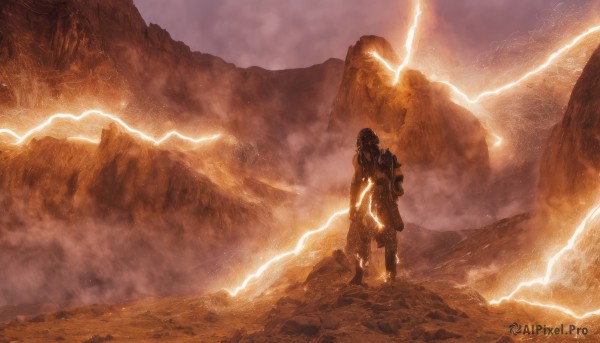 solo,1boy,holding,standing,weapon,male focus,outdoors,sky,cloud,bag,from behind,armor,glowing,backpack,helmet,scenery,1other,science fiction,rock,mountain,electricity,lightning,ambiguous gender,fog,long hair,boots,pants,glowing eyes,giant,orange theme,helm,holding helmet