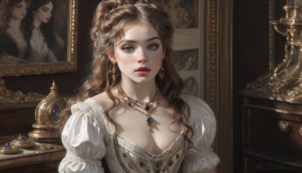 1girl,solo,long hair,breasts,looking at viewer,blue eyes,brown hair,dress,cleavage,jewelry,medium breasts,collarbone,upper body,short sleeves,earrings,parted lips,puffy sleeves,indoors,necklace,white dress,puffy short sleeves,lips,grey eyes,wavy hair,gem,freckles,curly hair,mirror,realistic,red lips,candle,gold,picture frame,pearl necklace,painting (object),portrait (object),blush,bangs,frills,teeth,eyelashes,makeup,straight-on,mascara,red gemstone,reference inset,photo inset