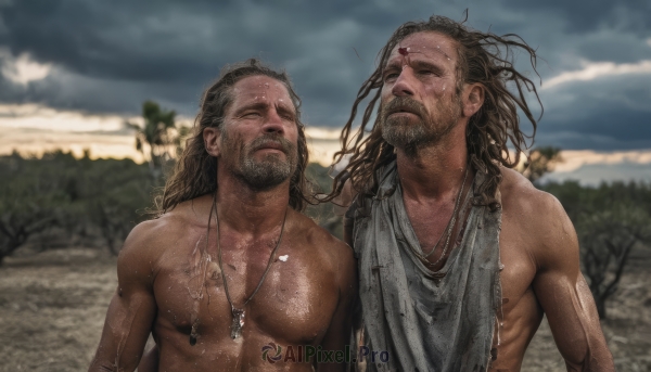 long hair,brown hair,black hair,jewelry,closed mouth,nipples,collarbone,closed eyes,upper body,male focus,outdoors,multiple boys,sky,day,cloud,dark skin,2boys,necklace,blurry,tree,wet,blurry background,facial hair,siblings,dark-skinned male,cloudy sky,pectorals,facing viewer,beard,topless male,realistic,mustache,wet hair,manly,dirty,chest hair,tooth necklace,smile,sweat,muscular,muscular male,wind,messy hair,toned,stubble,toned male