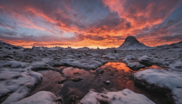 outdoors, sky, cloud, no humans, cloudy sky, nature, scenery, snow, sunset, mountain, landscape