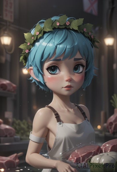 1girl,solo,breasts,looking at viewer,blush,short hair,bangs,blue eyes,hair ornament,cleavage,bare shoulders,closed mouth,blue hair,collarbone,upper body,flower,small breasts,outdoors,parted lips,food,artist name,hair flower,water,blurry,aqua eyes,lips,wet,eyelashes,aqua hair,night,depth of field,blurry background,leaf,thick eyebrows,web address,armlet,partially submerged,freckles,overalls,head wreath,mushroom,meat,laurel crown,flower wreath,dress,sleeveless,pointy ears,white dress,child,leaf on head