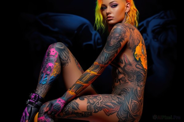 1girl,solo,breasts,looking at viewer,blonde hair,gloves,jewelry,sitting,purple eyes,nude,multicolored hair,earrings,small breasts,parted lips,green hair,shoes,orange hair,from side,two-tone hair,lips,sideboob,tattoo,gradient hair,makeup,lipstick,eyeshadow,knee up,hoop earrings,realistic,nose,eyeliner,cyborg,mascara,skates,back tattoo,full-body tattoo,rainbow hair,long hair,fingerless gloves,medium hair,completely nude,black background,arm tattoo,leg tattoo