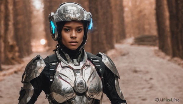 1girl,solo,looking at viewer,short hair,black hair,brown eyes,upper body,dark skin,armor,blurry,dark-skinned female,lips,bodysuit,blurry background,helmet,shoulder armor,science fiction,pauldrons,breastplate,realistic,very dark skin,power armor,headgear,nose