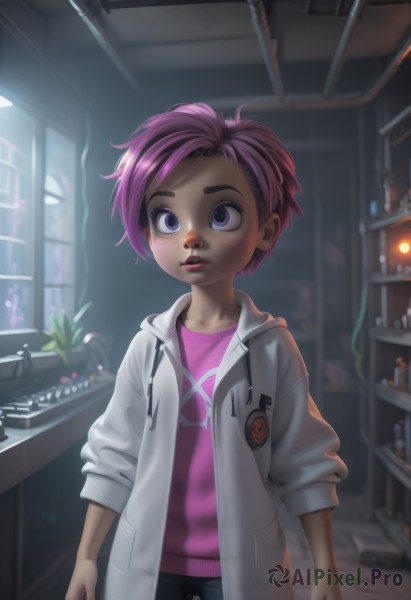 1girl,solo,looking at viewer,short hair,blue eyes,shirt,long sleeves,standing,purple eyes,collarbone,jacket,pink hair,purple hair,multicolored hair,cowboy shot,parted lips,open clothes,shorts,pants,indoors,hood,nail polish,blurry,flat chest,two-tone hair,lips,eyelashes,window,hoodie,makeup,hood down,plant,denim,lipstick,child,freckles,pink shirt,asymmetrical hair,jeans,wide-eyed,nose,arms at sides,labcoat,drawstring,female child,very short hair,undercut,shelf,sleeves pushed up,blush,artist name,open jacket,watermark,hooded jacket,web address