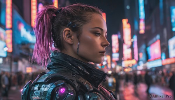 1girl, solo, jewelry, upper body, ponytail, pink hair, earrings, blurry, from side, lips, profile, blurry background, piercing, ear piercing, science fiction, realistic, nose, cyberpunk, neon lights