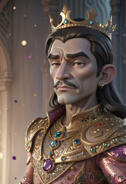 solo,long hair,looking at viewer,brown hair,black hair,1boy,brown eyes,jewelry,closed mouth,upper body,male focus,earrings,indoors,armor,mole,blurry,lips,petals,blurry background,facial hair,thick eyebrows,crown,gem,gold trim,mustache,pillar,blue gemstone,wrinkled skin,mole under eye,portrait,manly