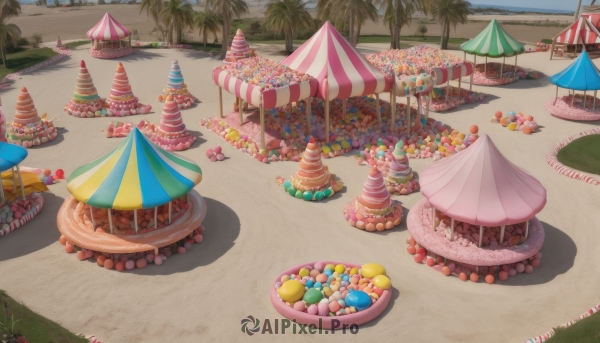 outdoors,food,sky,day,artist name,tree,no humans,fruit,shadow,umbrella,watermark,chair,beach,table,grass,candy,scenery,ice cream,sand,palm tree,parasol,beach umbrella,food focus,macaron,too many,cupcake,sweets,water,ocean,lounge chair,beach chair