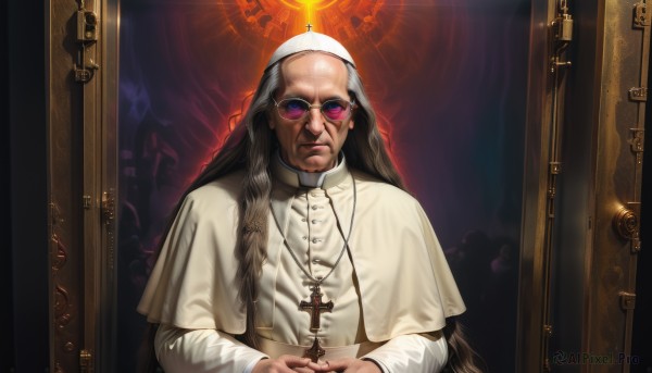 solo,long hair,looking at viewer,long sleeves,1boy,hat,holding,jewelry,closed mouth,upper body,grey hair,male focus,glasses,indoors,necklace,capelet,sunglasses,own hands together,cross,robe,round eyewear,door,nun,bald,cross necklace,white capelet,old,old man,latin cross,church,priest,black hair,braid,white hair,dark skin,lips,facial hair,dark-skinned male,beard,realistic,candle,wrinkled skin