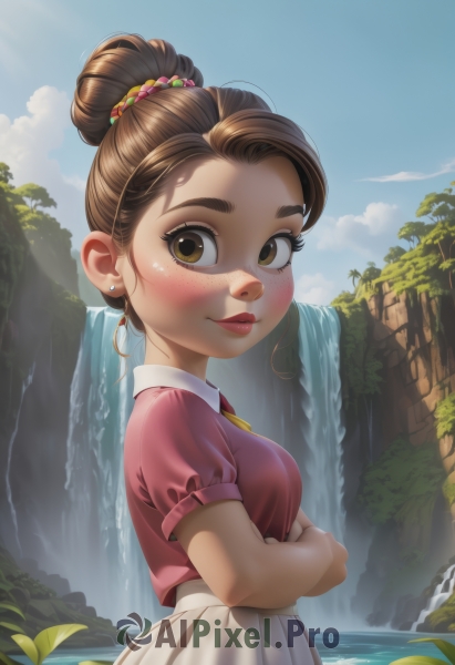 1girl,solo,breasts,looking at viewer,blush,smile,skirt,brown hair,shirt,hair ornament,brown eyes,jewelry,closed mouth,upper body,short sleeves,earrings,small breasts,outdoors,sky,day,puffy sleeves,artist name,cloud,water,hair bun,mole,from side,tree,blue sky,puffy short sleeves,lips,looking to the side,crossed arms,sunlight,single hair bun,thick eyebrows,white skirt,plant,freckles,pink shirt,nose,stud earrings,waterfall,short hair,leaf,lily pad