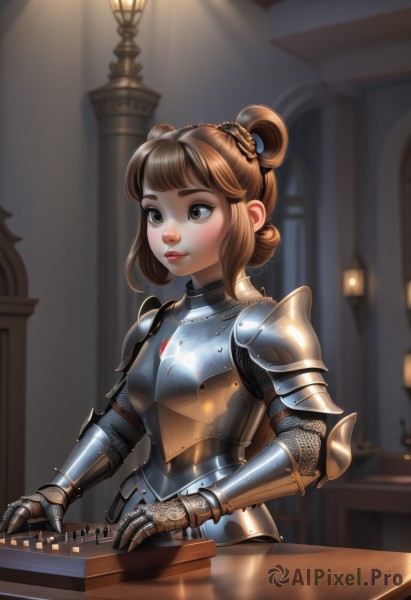 1girl,solo,smile,short hair,bangs,brown hair,brown eyes,closed mouth,upper body,braid,sidelocks,artist name,indoors,blunt bangs,hair bun,armor,blurry,lips,depth of field,blurry background,table,shoulder armor,gauntlets,instrument,hair rings,pauldrons,breastplate,nose,music,red lips,candle,playing instrument,faulds,knight,full armor,gorget,chainmail,plate armor,blush,hair ornament,green eyes,double bun,thick eyebrows,freckles,braided bun