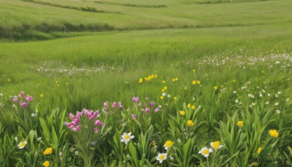 flower,outdoors,day,no humans,traditional media,grass,white flower,nature,scenery,yellow flower,purple flower,field,flower field,daisy,leaf,plant,pink flower,landscape,still life