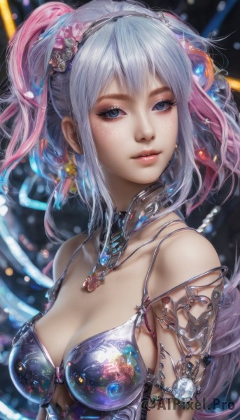 1girl,solo,long hair,breasts,looking at viewer,bangs,blue eyes,large breasts,hair ornament,cleavage,bare shoulders,twintails,jewelry,medium breasts,blue hair,upper body,pink hair,flower,grey hair,multicolored hair,hairband,earrings,parted lips,hair flower,necklace,blurry,two-tone hair,lips,grey eyes,eyelashes,makeup,detached collar,watermark,armlet,freckles,realistic,nose,closed mouth,collarbone,artist name,bra,armor,gradient hair,expressionless,gem,web address,light particles,science fiction,pink lips