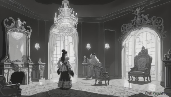 1girl,long hair,multiple girls,hair ornament,long sleeves,dress,2girls,sitting,very long hair,standing,monochrome,flower,greyscale,indoors,wide sleeves,from behind,hand on hip,window,chair,table,curtains,scenery,wooden floor,mirror,stairs,long dress,facing away,candle,wide shot,stool,pillar,vase,statue,painting (object),ceiling,carpet,candlestand,chandelier,hat,holding,3girls,hair bun,single hair bun,door,reflective floor