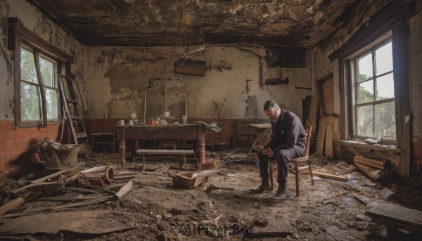 solo,short hair,black hair,long sleeves,1boy,sitting,jacket,male focus,shoes,day,pants,indoors,black footwear,cup,book,window,mask,chair,black pants,formal,table,sunlight,bottle,suit,plant,scenery,desk,light rays,paper,glass,ruins,wide shot,broken,crack,broken glass,rubble,overgrown,cracked wall,broken window,shirt,weapon,hood,hoodie,stool